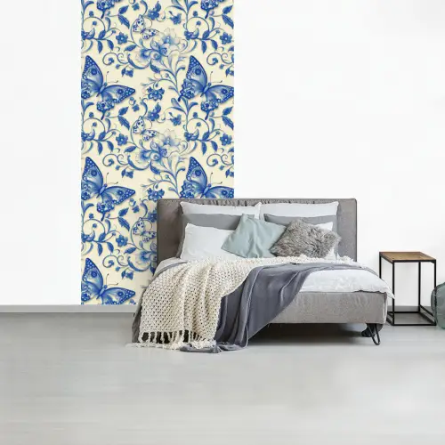 Vlinders - Bloemen - Blauw - Botanisch fotobehang vinyl groot 64 -slaapkamer