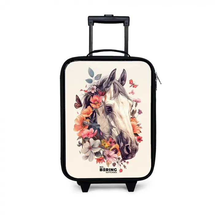 Wit paardenhoofd omringd door bloemen en vlinders Kinderkoffer - Zwart klein -3d