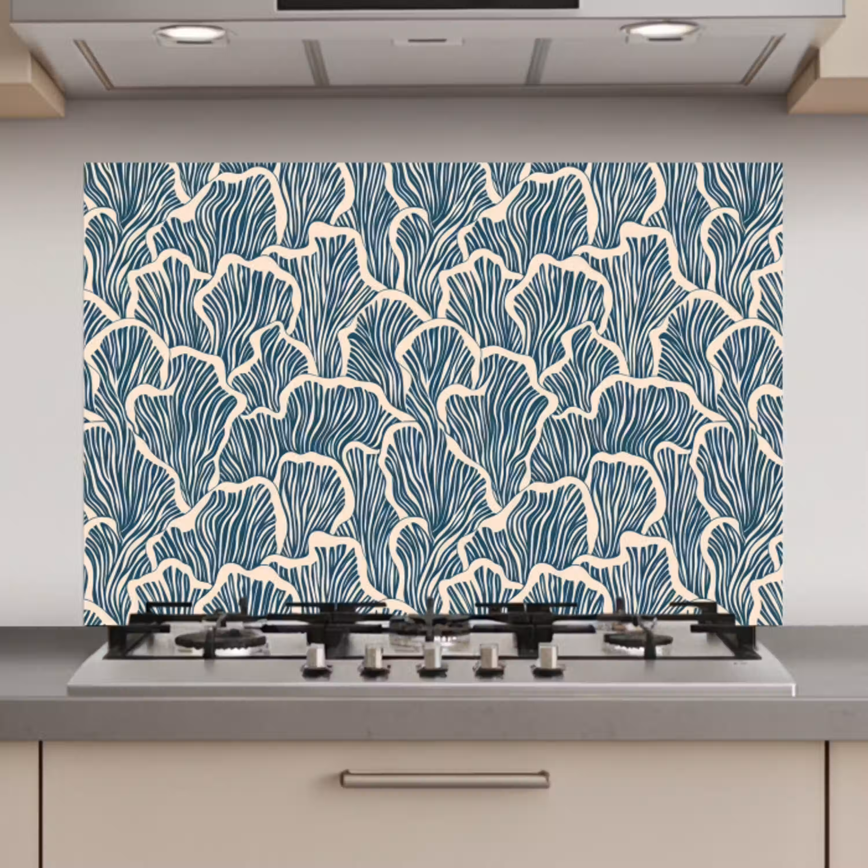 Organisch - Blauw - Crème - Schelpen keuken achterwand spatscherm klein 900 -3d_website