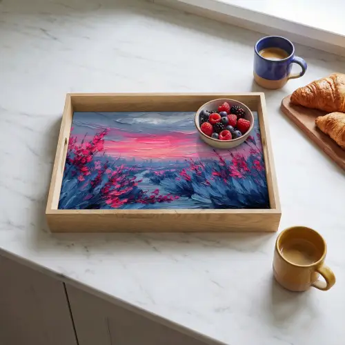 Schilderij - Zonsondergang - Bloemen - Rivier Dienblad Rechthoek middel -sfeer2