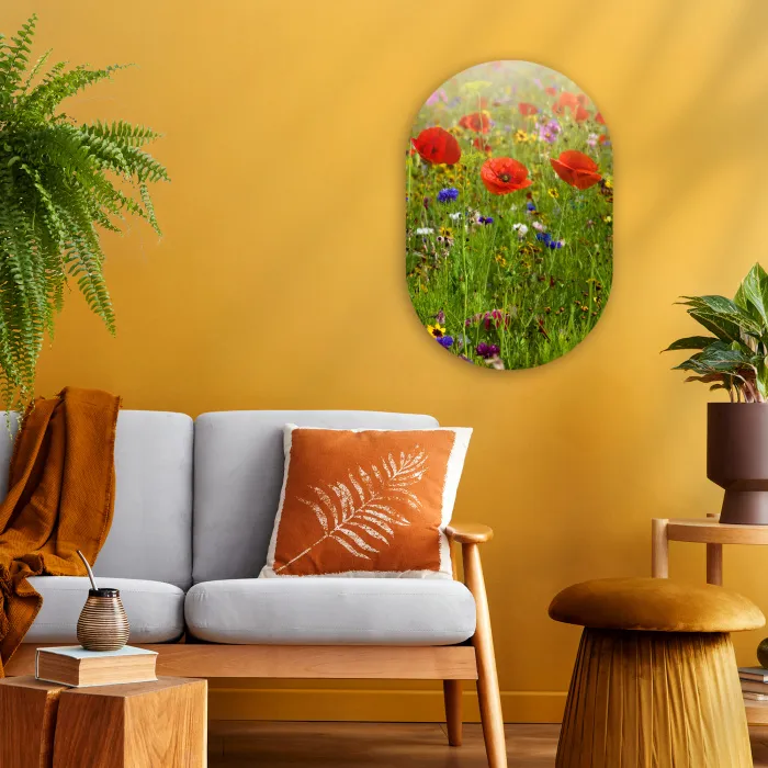 Lente - Bloemen - Rood - Klaproos - Gras - Groen Wandcirkel Ovaal Forex klein -sfeer4