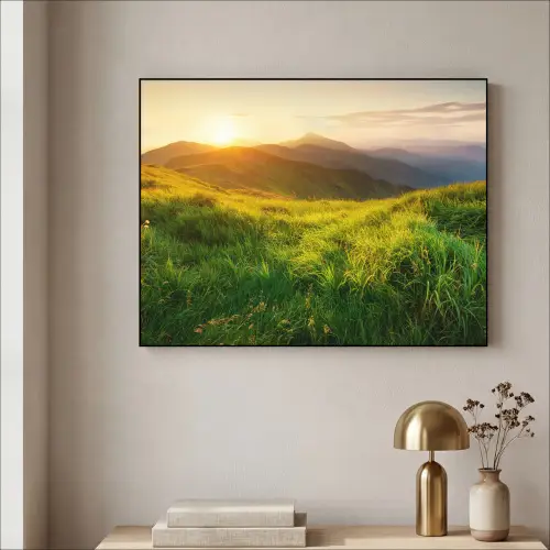 Gras - Heuvels - Zon - Natuur - Landschap Textielframe zwart klein -sfeer2