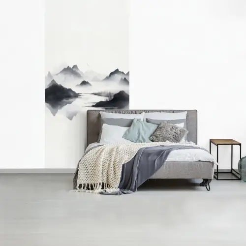 Bergen - Mistig - Water - Wit fotobehang vinyl groot -slaapkamer