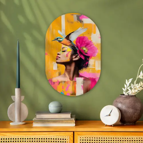 Vogel - Vrouw - Abstract - Bloem Wandcirkel Ovaal Forex klein -sfeer2