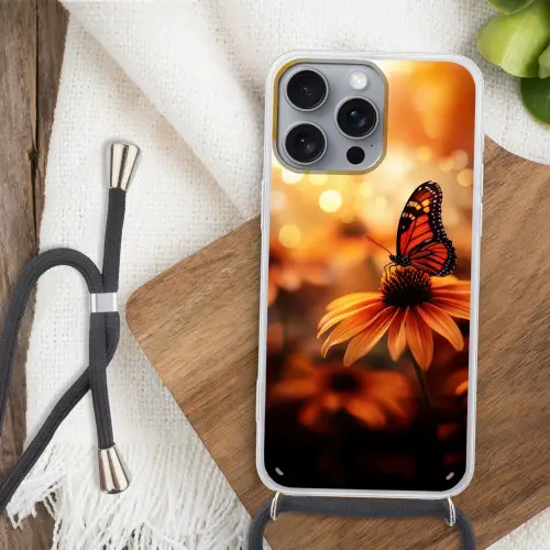 Vlinder - Bloemen - Oranje Hoesje iPhone 16 Pro Max met koord klein -sfeer4