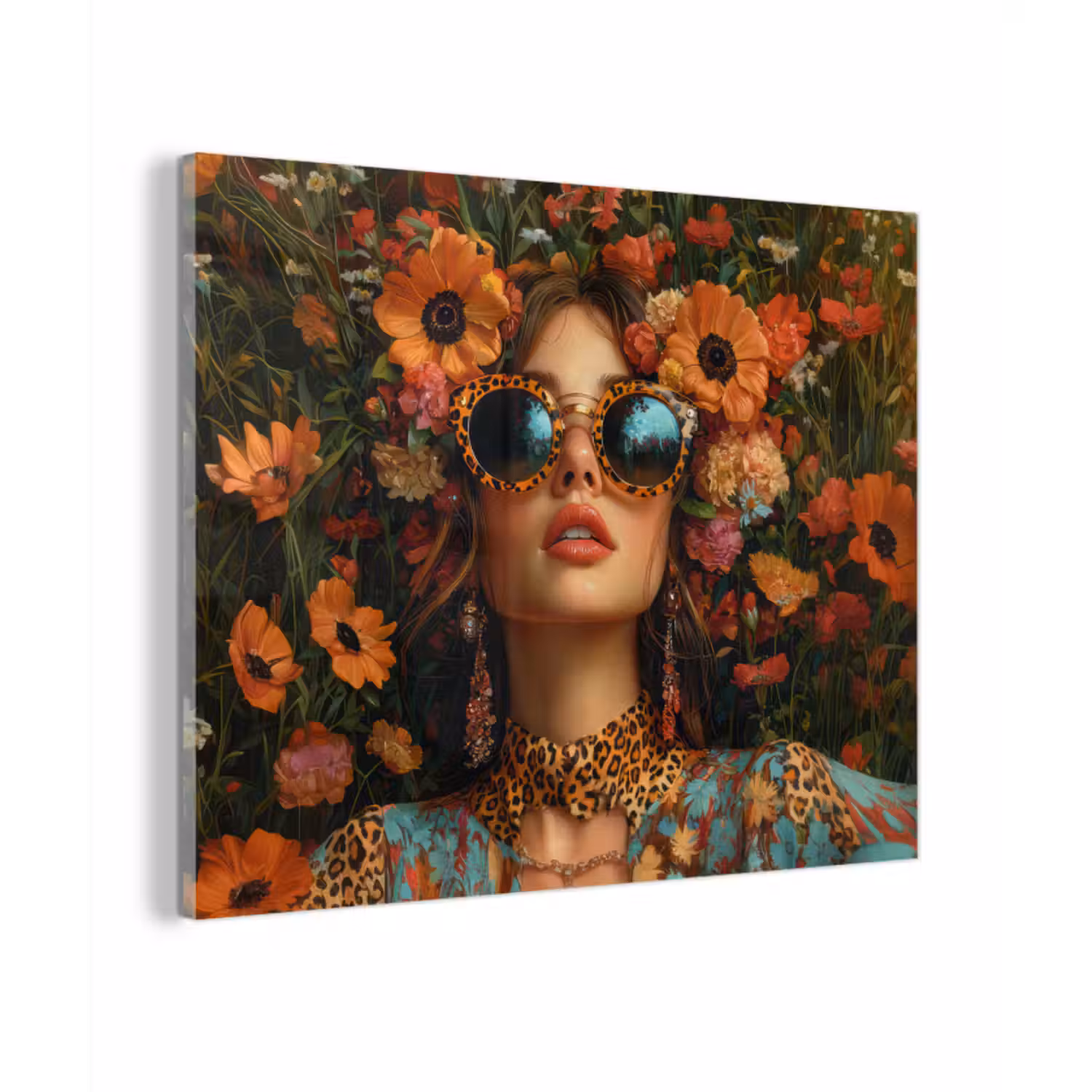 Glas schilderij - Vrouwen - Bloemen - Modern - Bril - Abstract