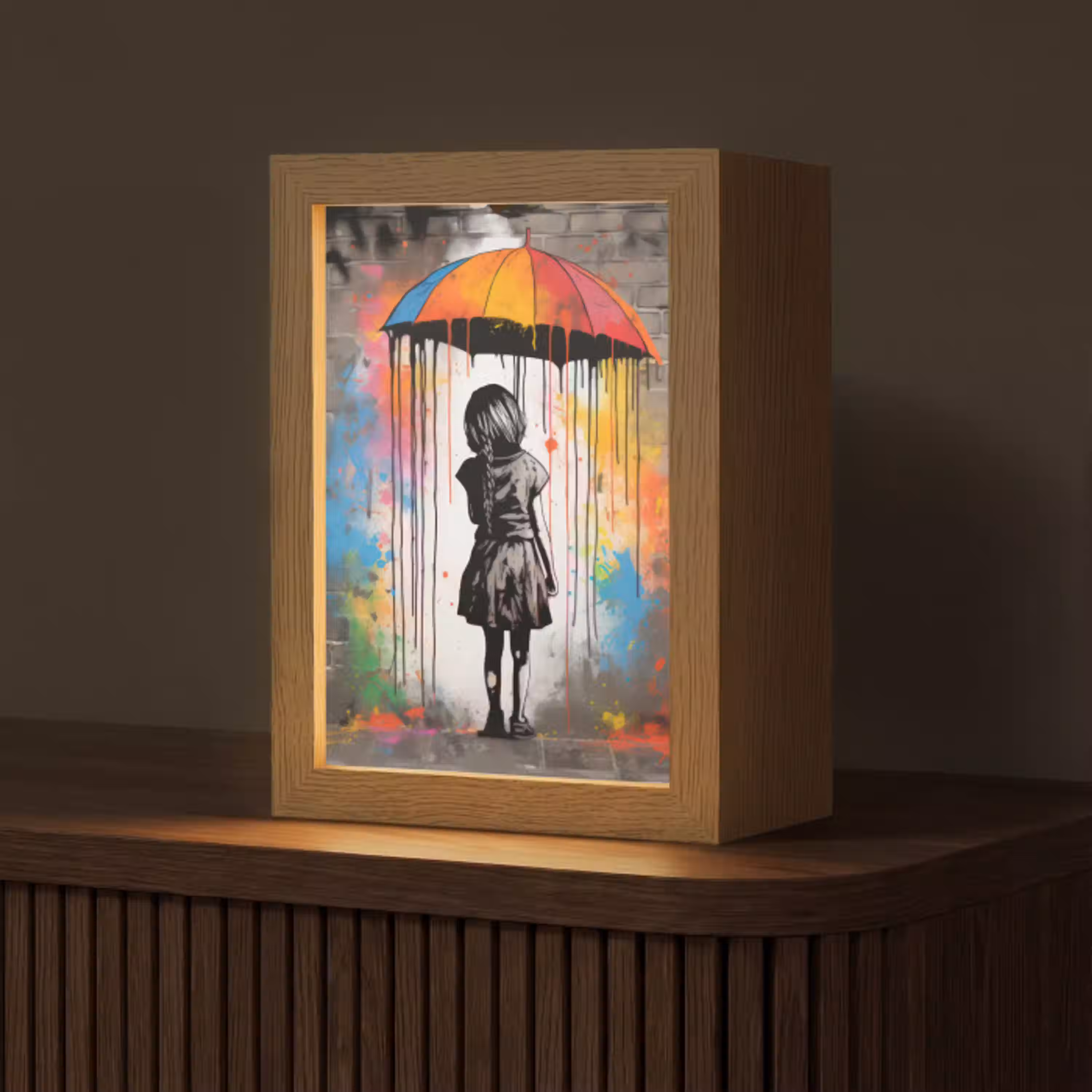 Meisje - Kunst - Paraplu - Graffiti - Kleuren - Muur Light Box met kabel (Tafellamp) klein -z3d_website