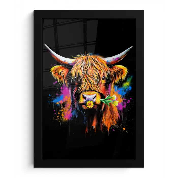 Schotse Hooglander - Graffiti - Kleurrijk - Bloem - Dieren fotolijst zwart zonder passe partout klein -3d