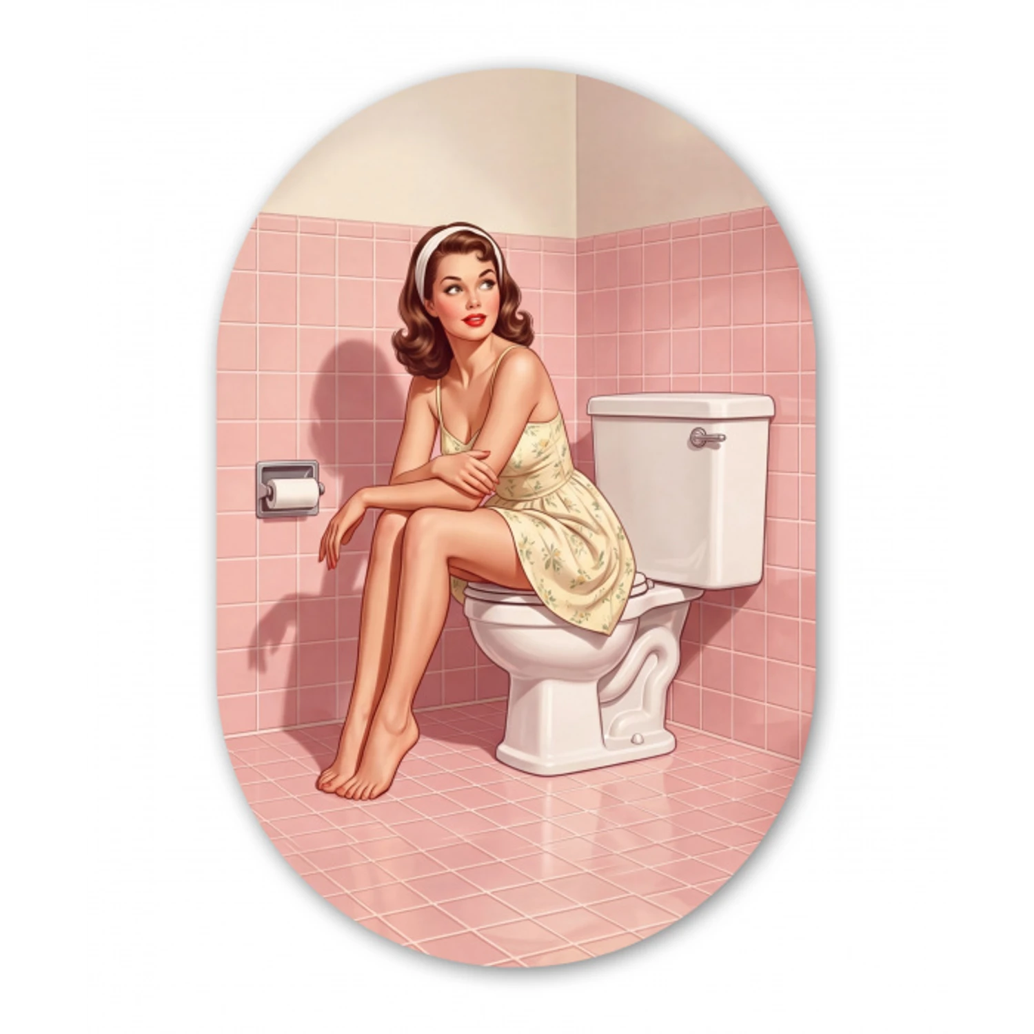 Roze - Retro - Vrouw Wandcirkel Ovaal Forex klein -3d
