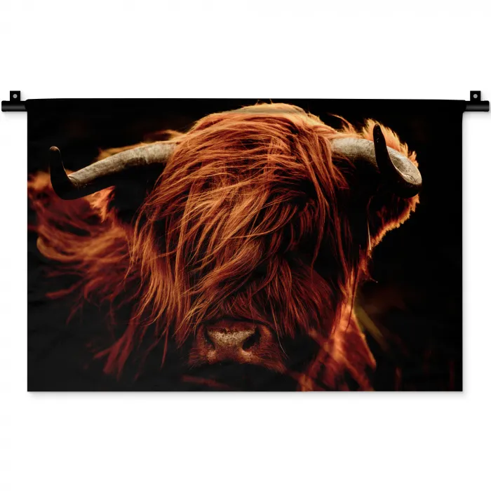 Schotse hooglander - Koe - Hoorns - Portret - Dieren Wandkleed katoen klein -zz3d