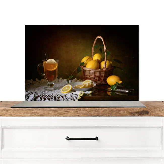 Stilleven - Thee - Citroen - Schilderij - Kunst Spatscherm Aluminium klein -3d_zonderpan