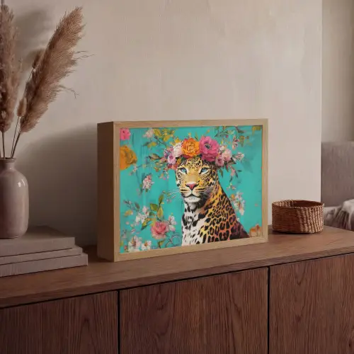 Luipaard - Bloemen - Kroon Light Box met batterij (Wandlamp) middel -sfeer2