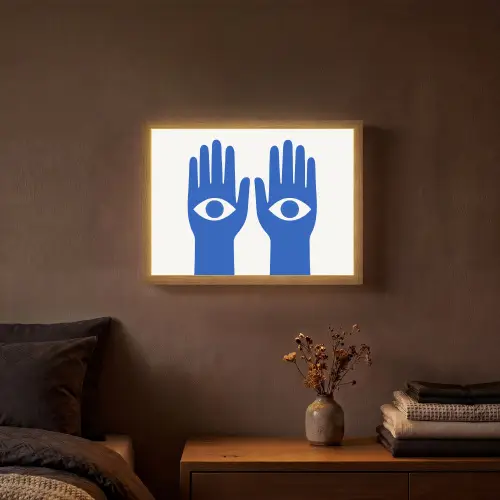 Handen - Twee - Ogen - Blauw Light Box met batterij (Wandlamp) middel -sfeer4