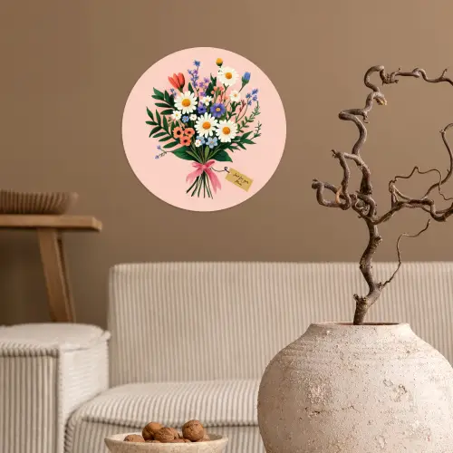 Margrieten - Boeket - Strikje - Roze Wandcirkel behangsticker klein -sfeer1