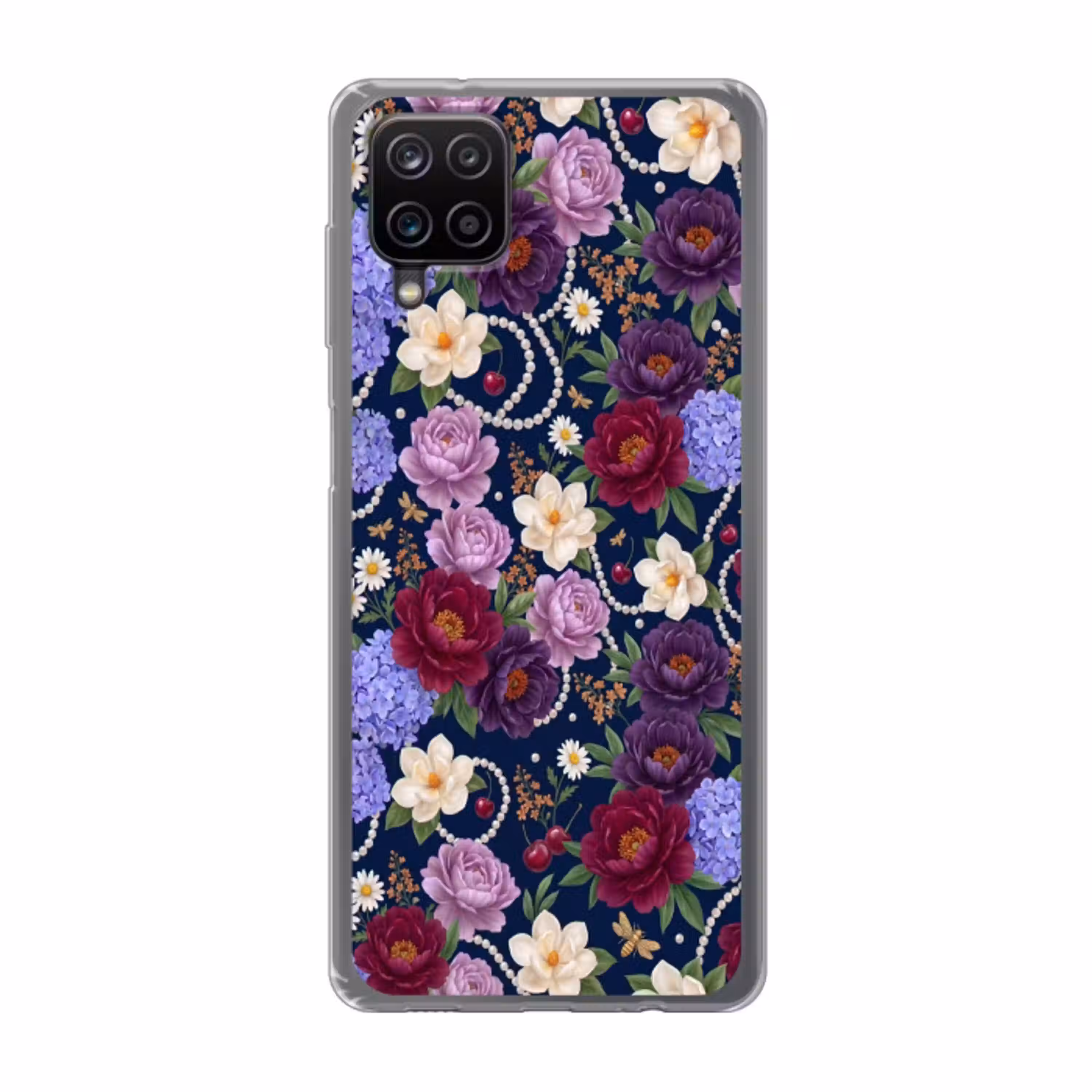 Bloemen - Parels - Decoratie - Modern - Blauw Telefoonhoesje Samsung Galaxy A12 klein -3d
