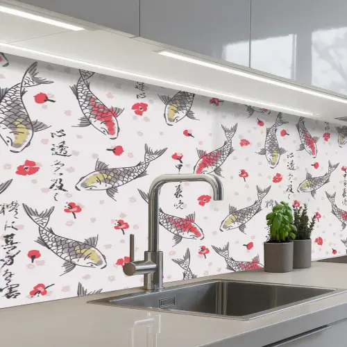 Vis - Koi - Bloemen - Patronen keuken achterwand 2 middel 871 -3d_schuin
