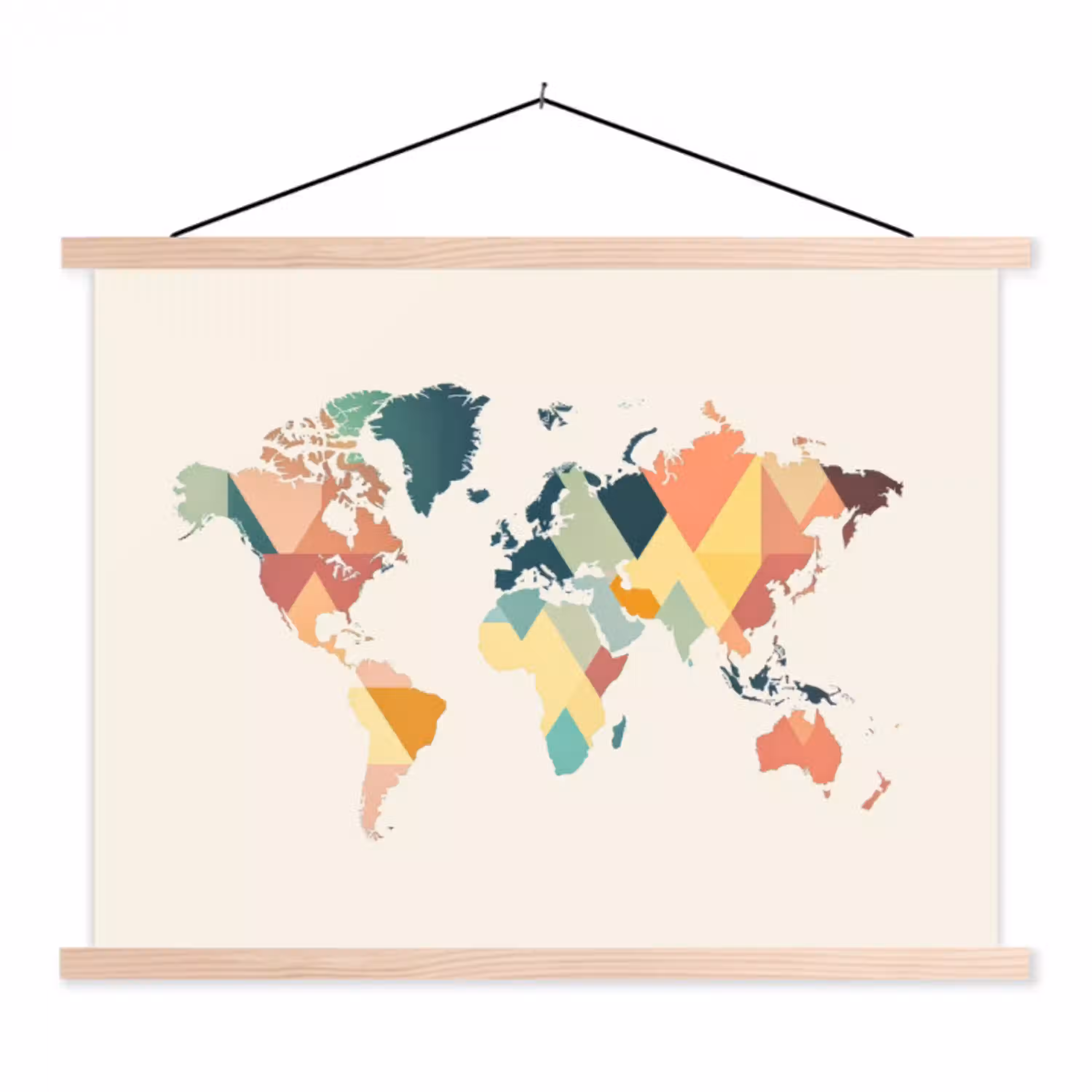 Wereldkaart - Geometrisch - Pastelkleuren - Modern textielposter latten blank klein -3d