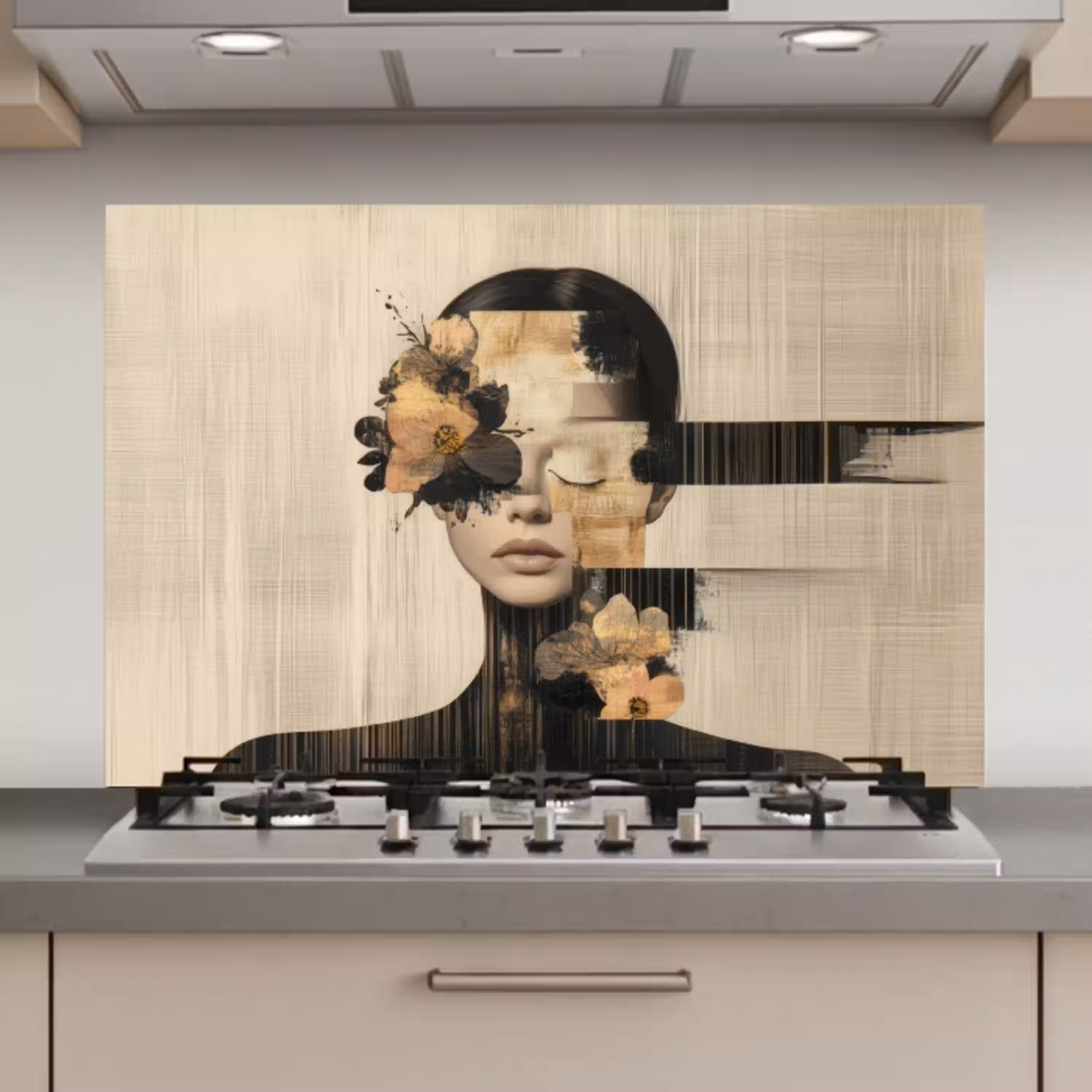 Gezicht - Bloemen - Zwart - Vrouw keuken achterwand spatscherm klein -3d_website