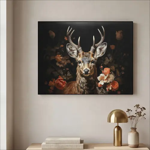 Hert - Dier - Bloemen - Natuur - Botanisch Textielframe zwart klein -sfeer2