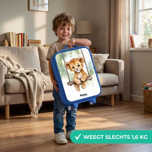 Leeuwenwelpje met schommel illustratie Kinderkoffer - Blauw klein -sfeer2_NL