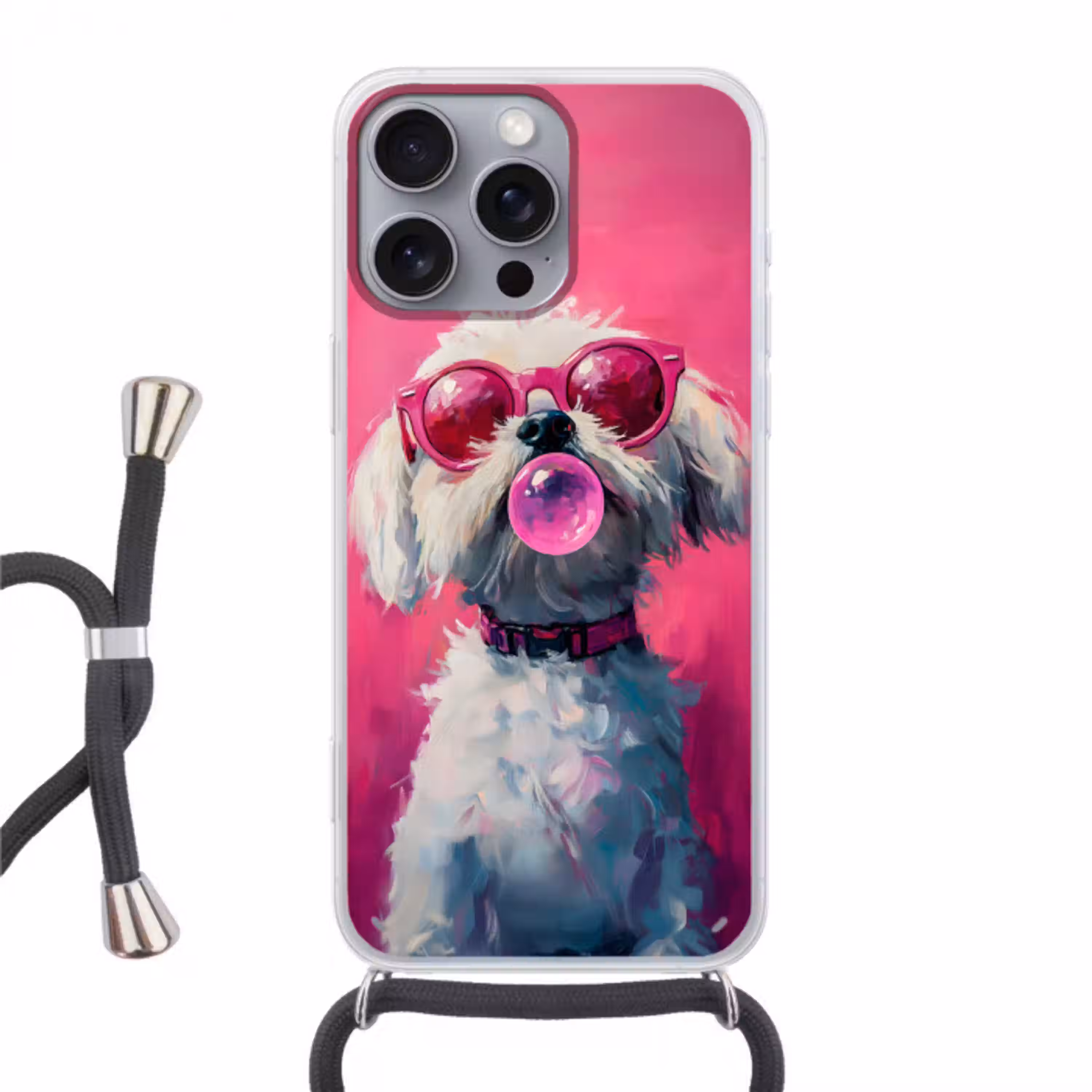 Pink - Hond - Bubbel Hoesje iPhone 16 Pro Max met koord klein -3d