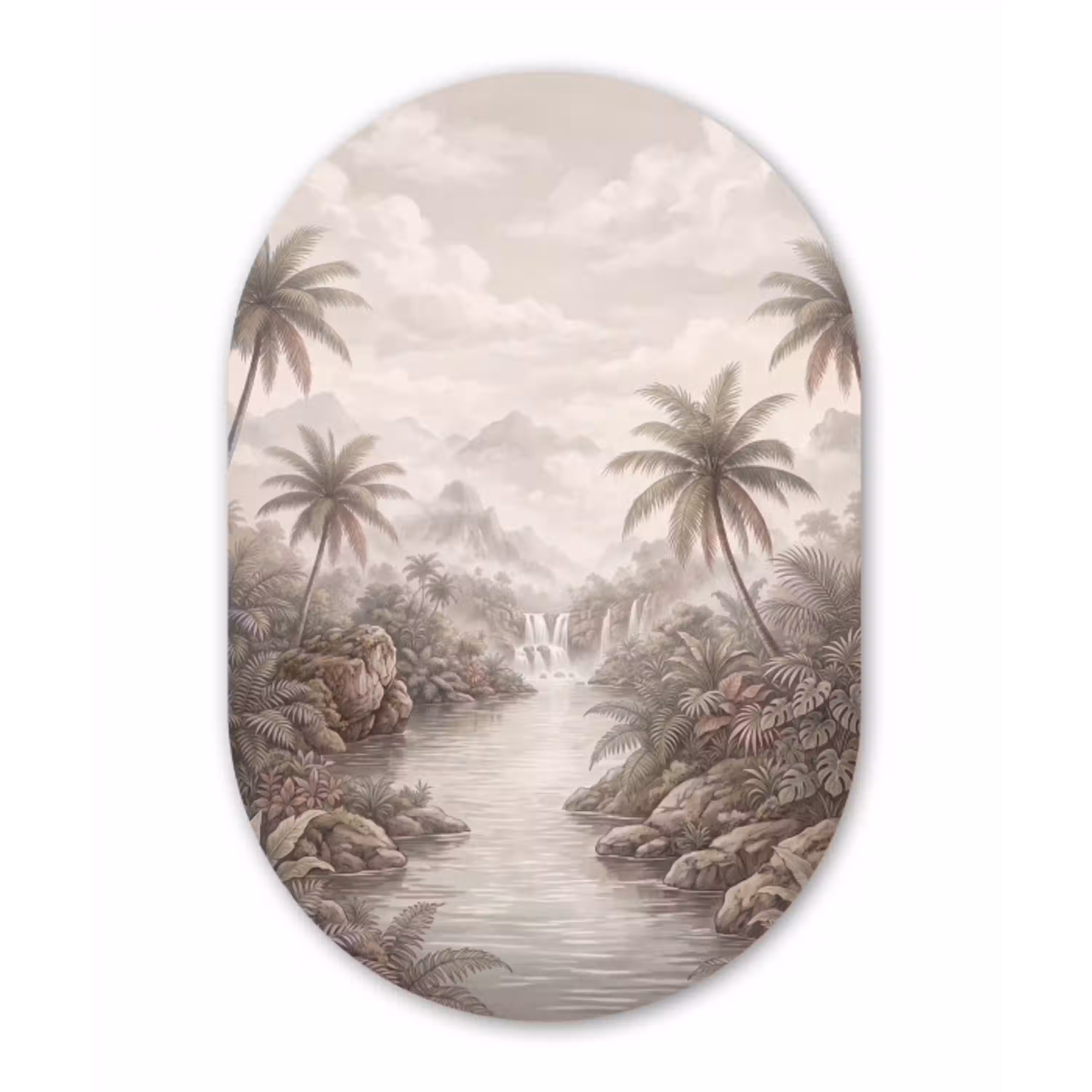 Jungle - Watervallen - Tropisch - Illustratie Wandcirkel Ovaal Aluminium middel -3d