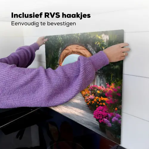 Doorkijk - Bloemen - Tropisch - Kleurrijk Inductie beschemer met haakjes middel -ky-ophangen-nl