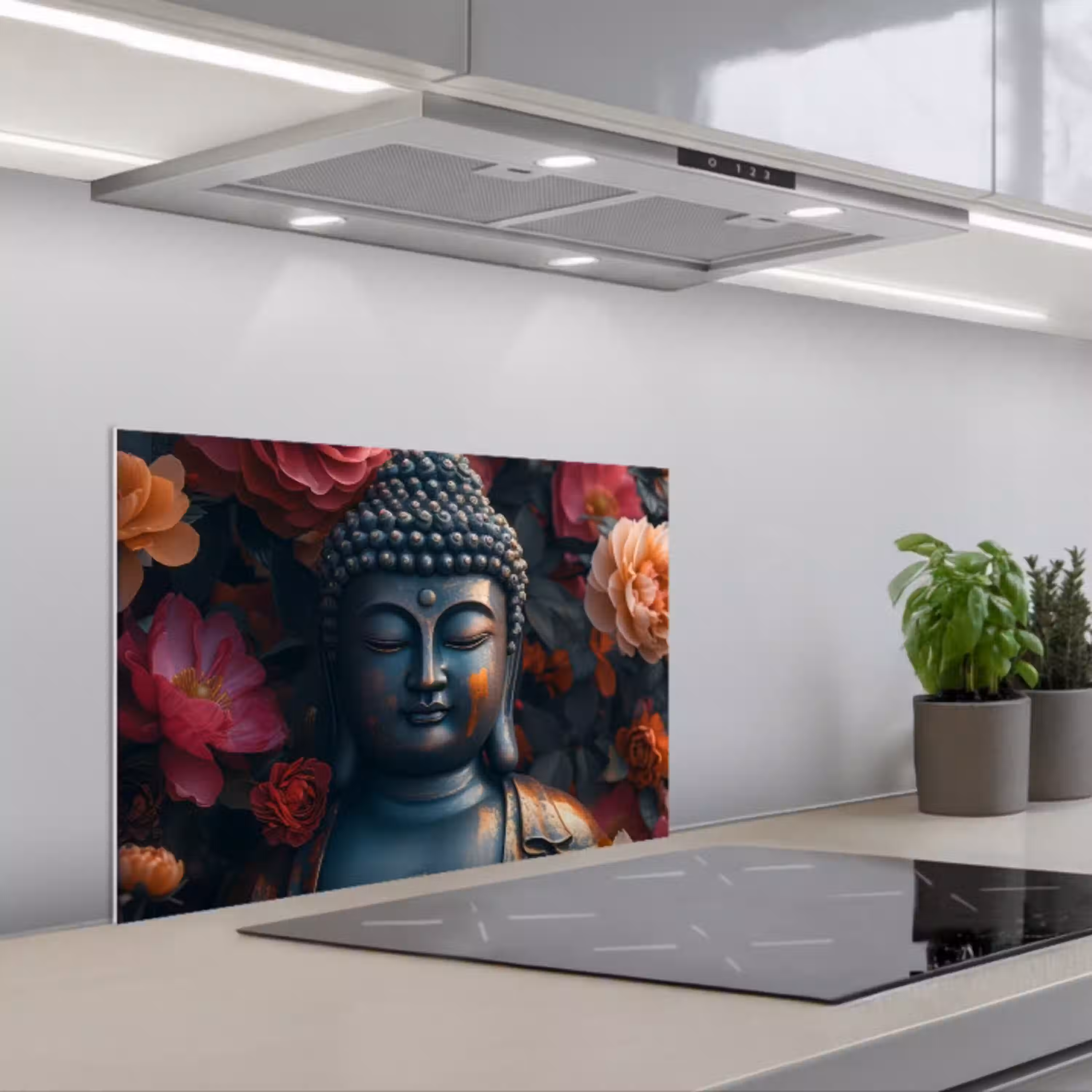 Boeddha - Bloemen - Buddha - Beeld - Kunst keuken achterwand spatscherm klein -3d_schuin