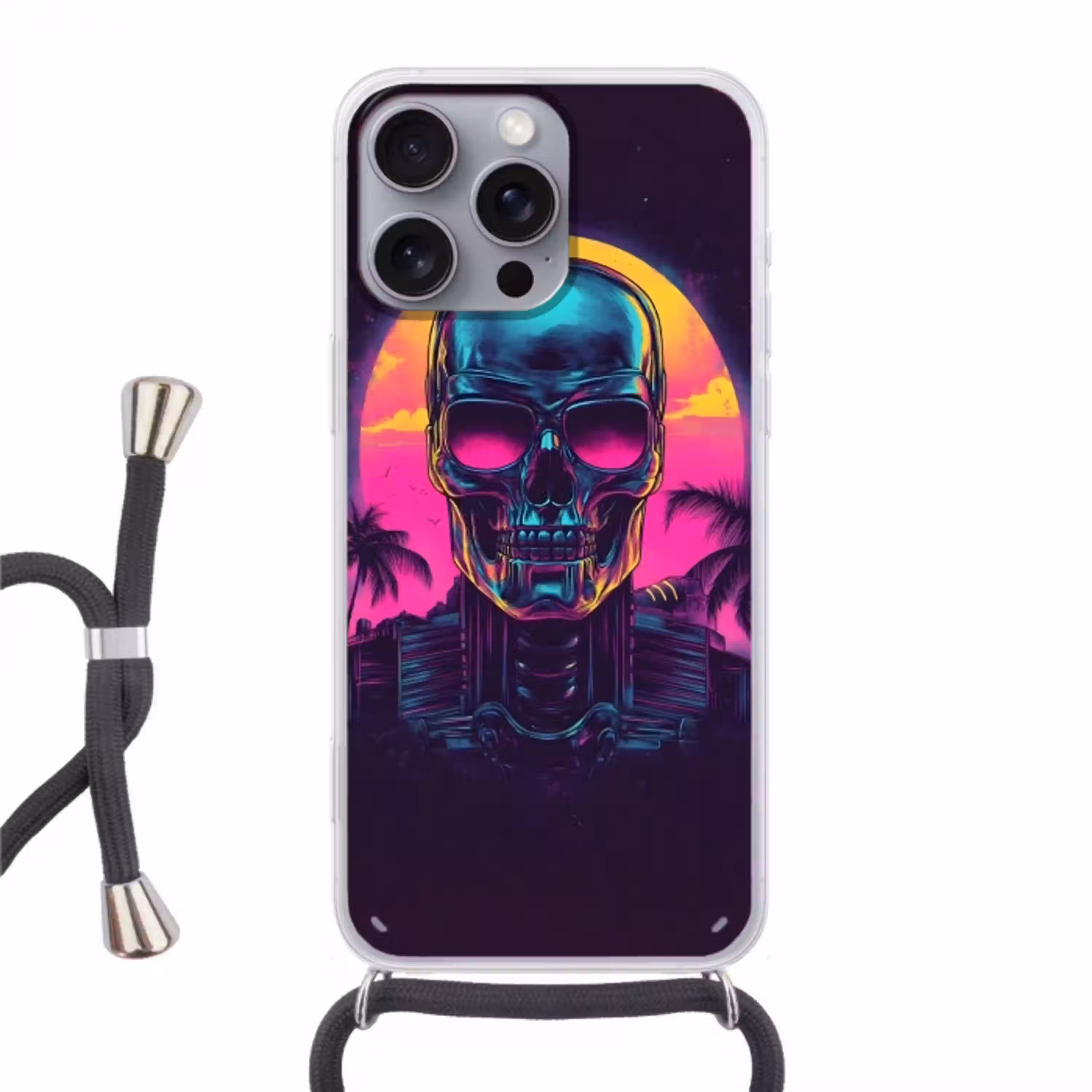 Palmbomen - Hoofd - Metallic - Zonsondergang Hoesje iPhone 16 Pro Max met koord klein -3d