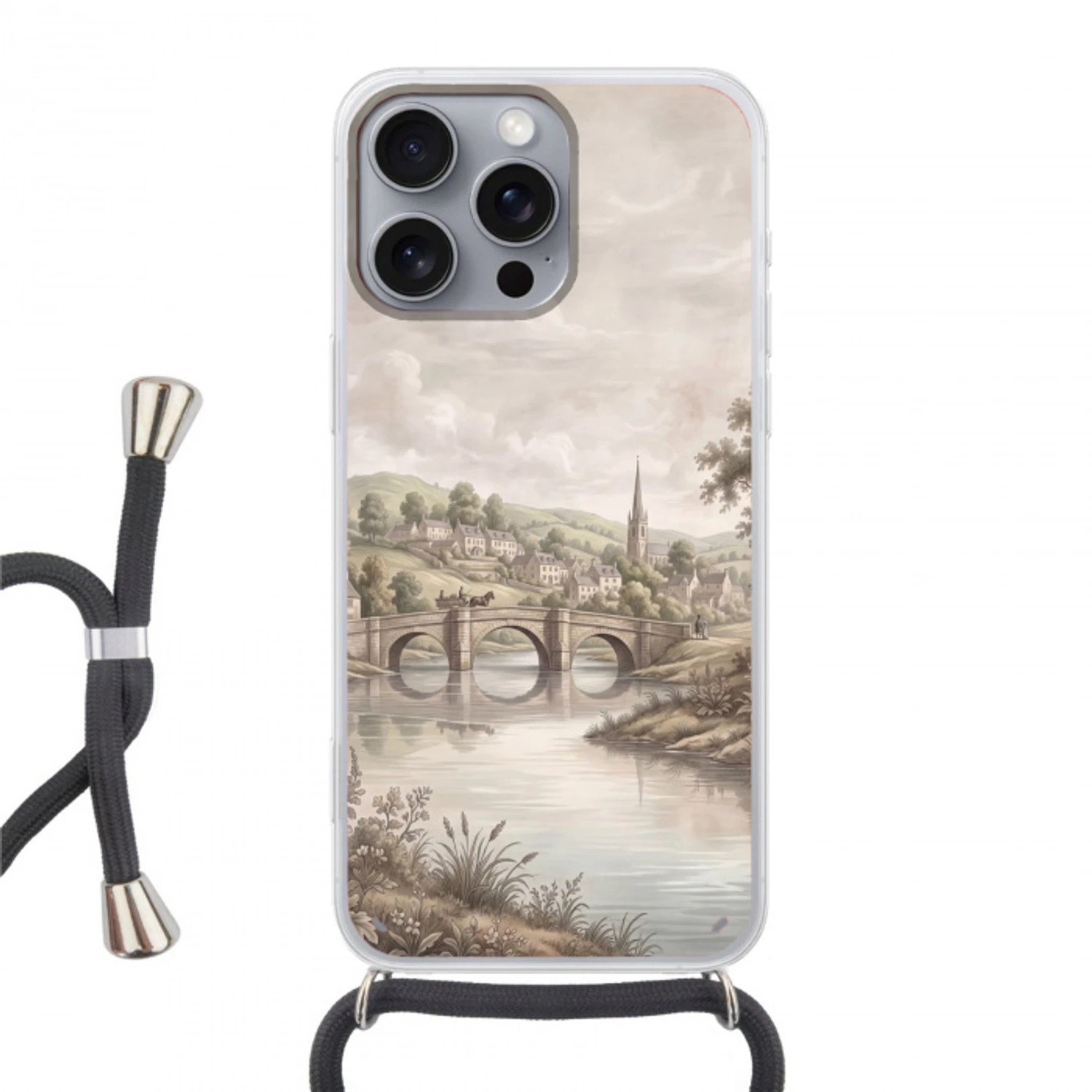 Dorp - Brug - Uitzicht - Groen Hoesje iPhone 16 Pro Max met koord klein -3d