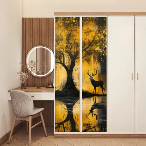 Boom - Verflook - Hert - Natuur - Goud deurposter klein -sfeer3