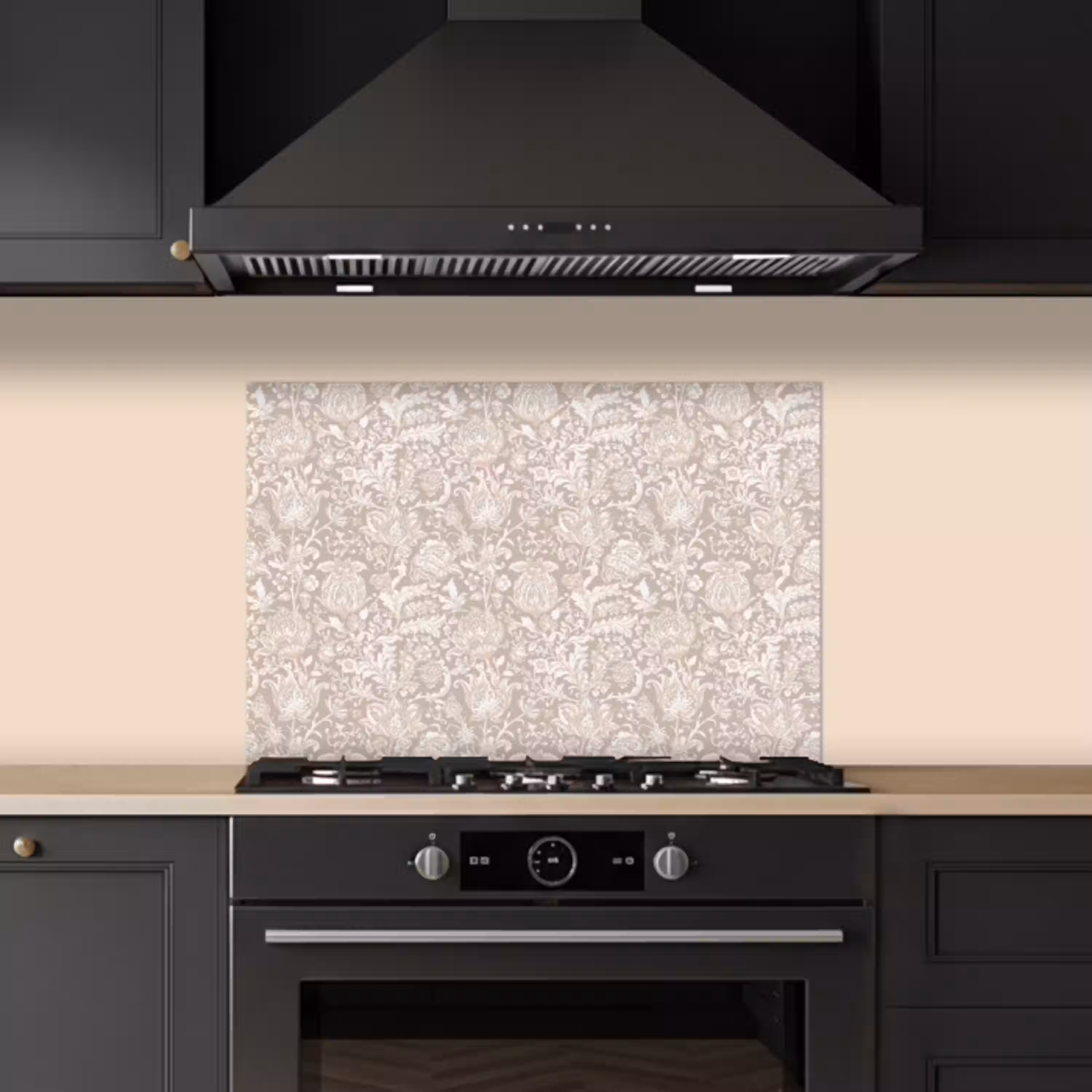 Bloemenprint - Grijs - Crème keuken achterwand spatscherm klein 900 -sfeer1
