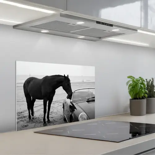 Paard - Auto - Zwart - Wit keuken achterwand spatscherm klein -3d_schuin