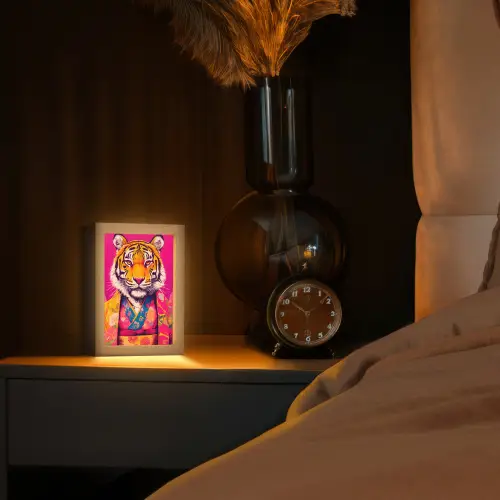 Tijger - Kimono - Planten - Roze Light Box met kabel (Tafellamp) klein -sfeer1