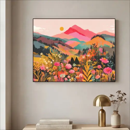 Zonsondergang - Bergvallei - Contrast Textielframe zwart klein -sfeer2