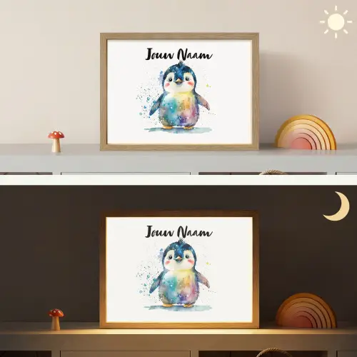 Pinguïn - Regenboog - Waterverf - Dieren - Kinderen Light Box met batterij (Wandlamp kind) middel -sfeer3_kind