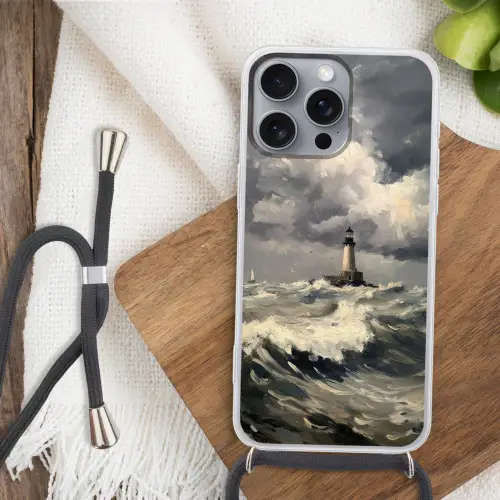 Vuurtoren - Golven - Storm Hoesje iPhone 16 Pro Max met koord klein -sfeer4