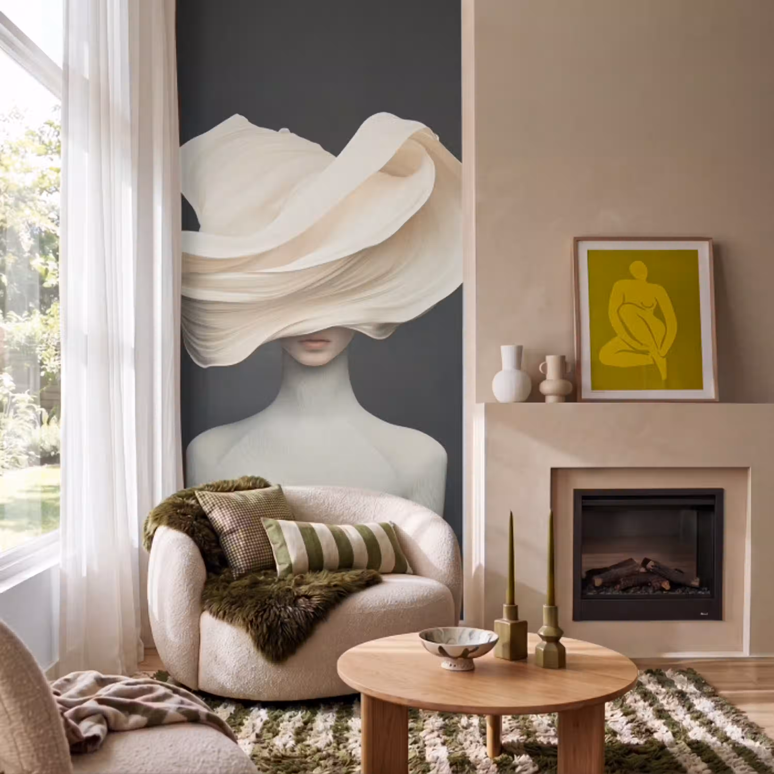 Vrouw - Beige - hoed Behang Vlies klein -sfeer2