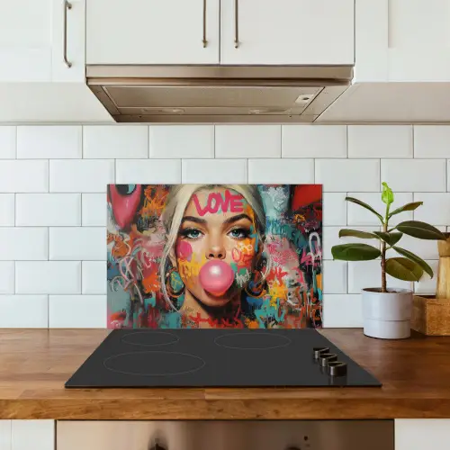 Vrouw - Kauwgom - Graffiti - Love keuken achterwand spatscherm klein -sfeer2
