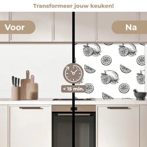 Citroenen - Zwart - Wit - Patroon keuken achterwand 2 middel -voor-na2_NL