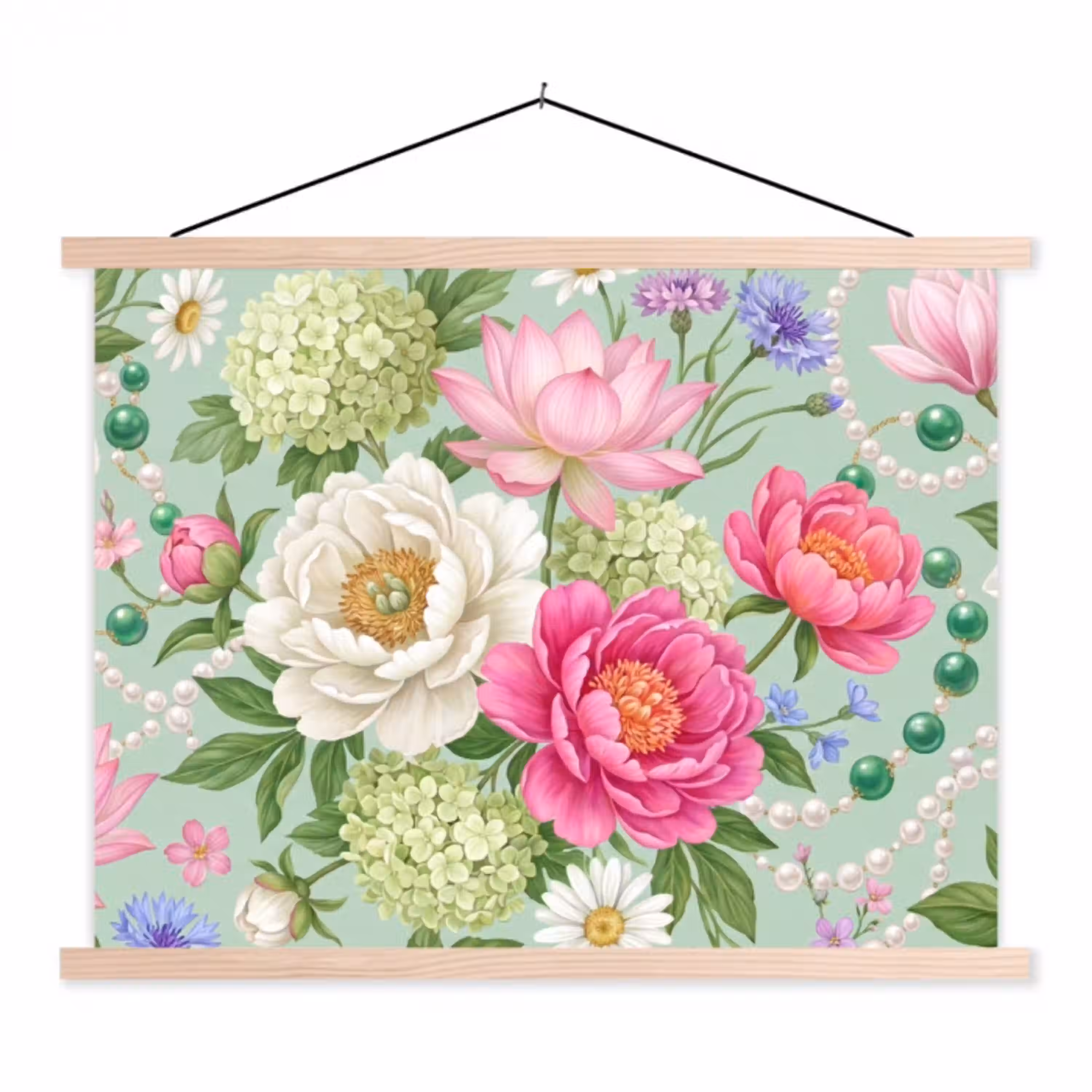 Bloemen - Patroon - Botanisch - Groen textielposter latten blank klein -3d