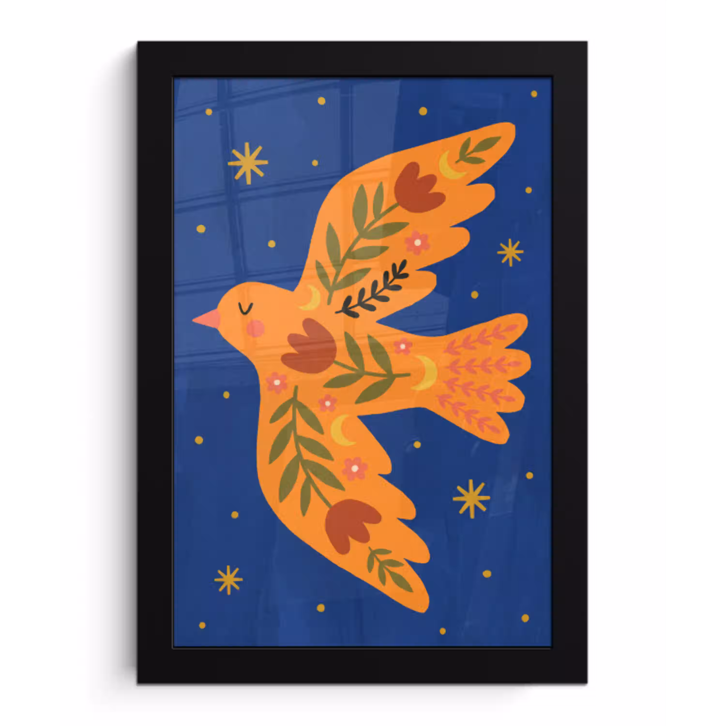 Vogel - Bloemen - Decoratief - Oranje - Blauw fotolijst zwart zonder passe partout klein -3d