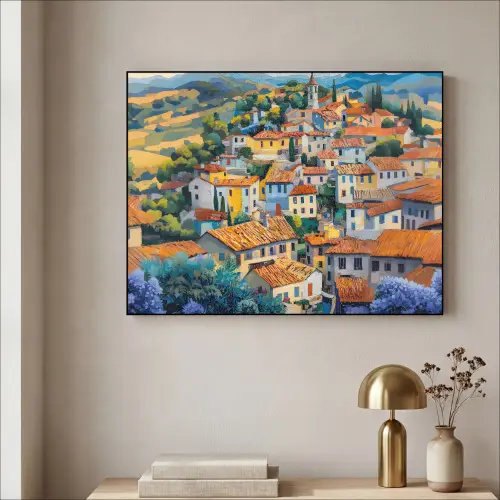 Dorp - Heuvels - Landschap - Bomen Textielframe zwart klein -sfeer2
