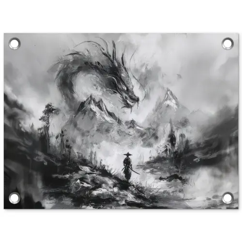 Krijger - Draak - Grijs tuinposter los doek klein -3d