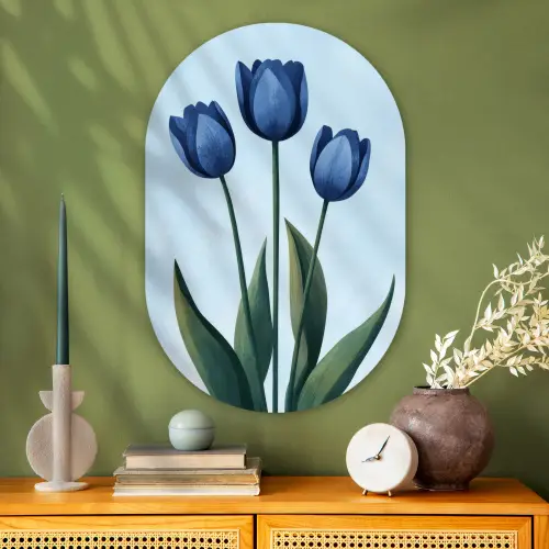 Tulpen - Blauw - Bladeren Wandcirkel Ovaal Glas middel -sfeer2