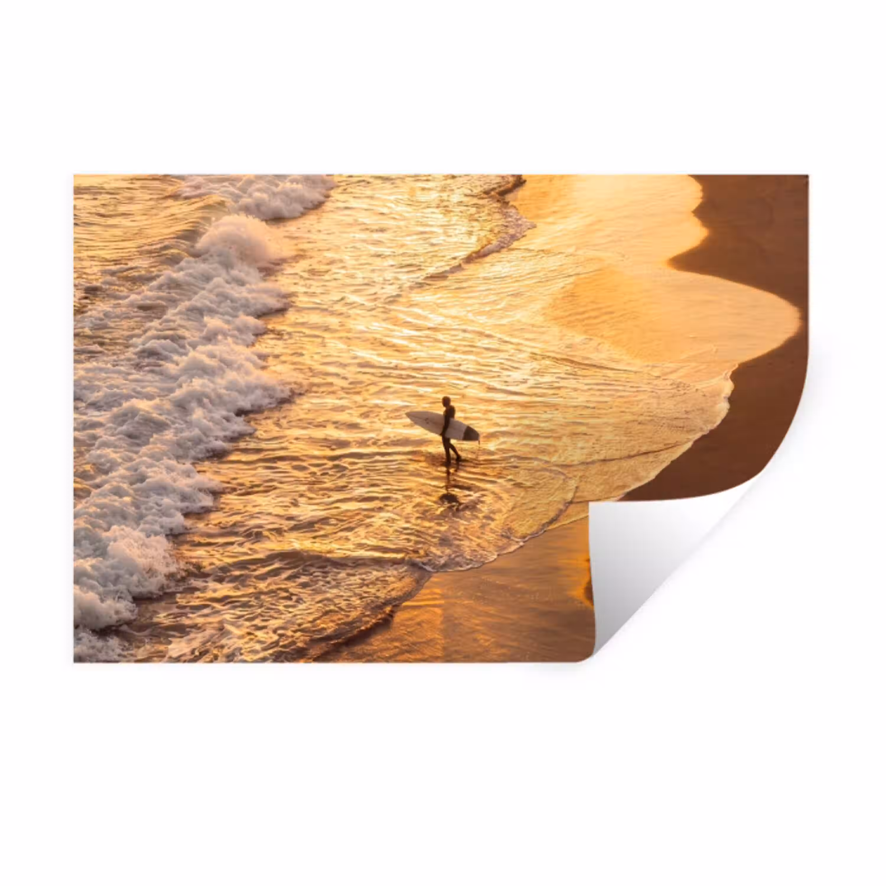 Surfer - Strand - Zonsondergang - Oceaan - Goud Muursticker klein -3d