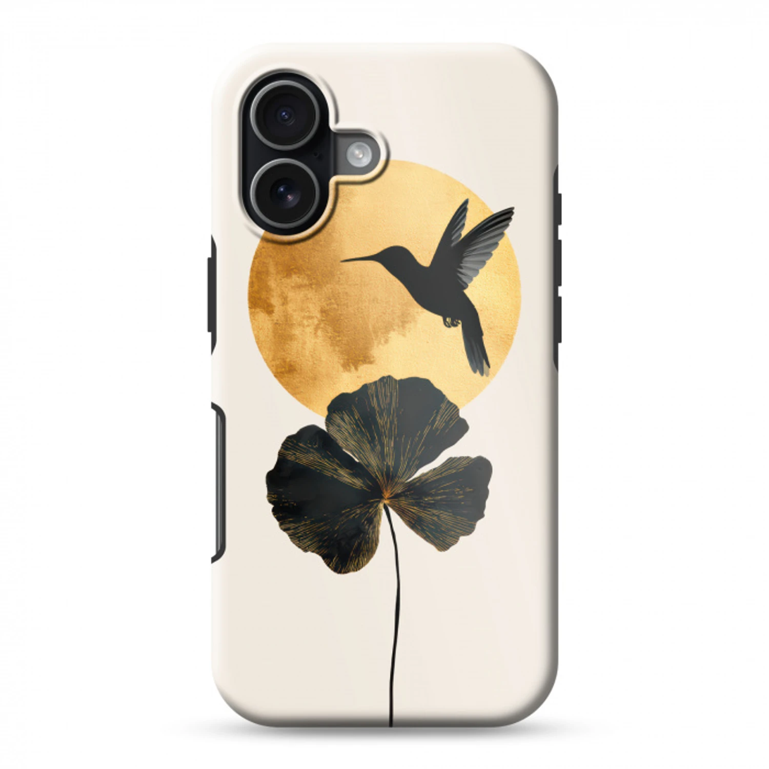 Zwarte kolibrie - Bloem - Gouden cirkel Toughcase MagSafe Apple iPhone 17 klein -3d