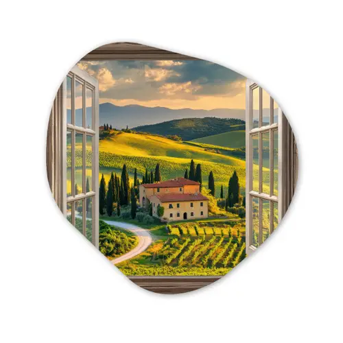 Doorkijk - Toscane - Uitzicht - Landschap - Zomer Wandcirkel Organisch Aluminium middel -3d