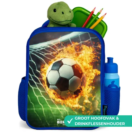 Vuurvoetbal in doelnet vastgelegd Kinderrugzak - Blauw middel -inhoud_NL