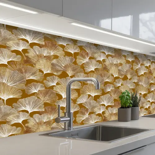 Ginkgo - Bladeren - Goud keuken achterwand 2 middel 871 -3d_schuin